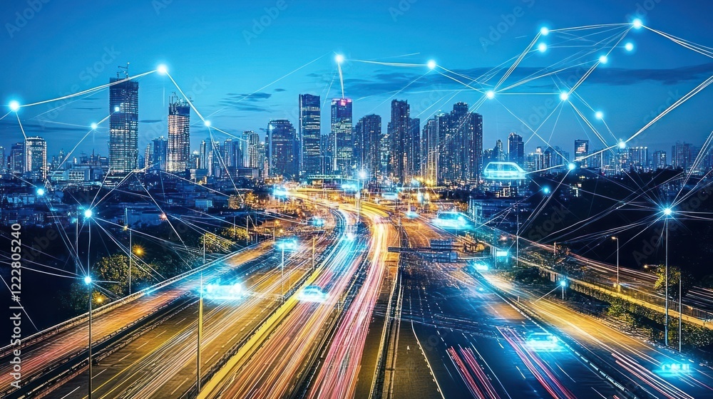Fototapeta premium Night Cityscape Showing Connected Autonomous Vehicles