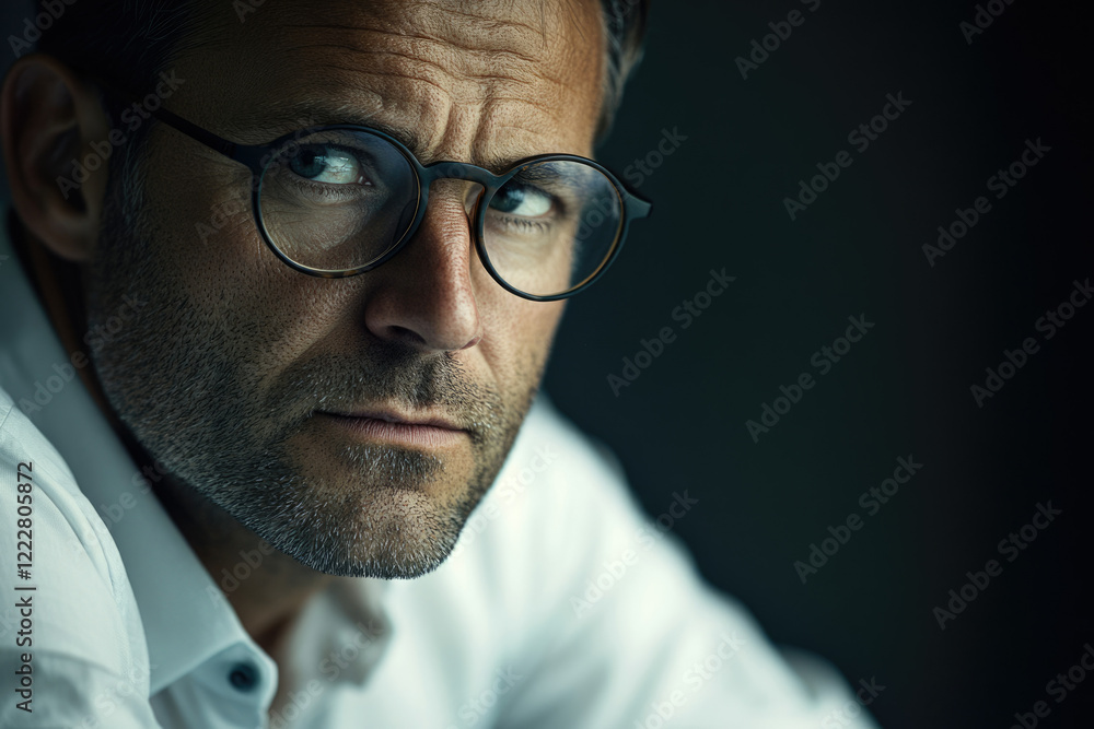 Close-up portrait of a pensive middle-aged man with glasses, serious expression. Close-up portrait of a pensive middle-aged man with glasses, serious expression.