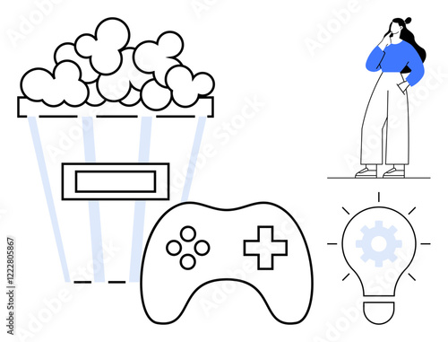 A young woman stands thinking beside large popcorn, game controller, and light bulb with gear. Ideal for creativity, gaming, innovation, entertainment, brainstorming leisure productivity. Abstract