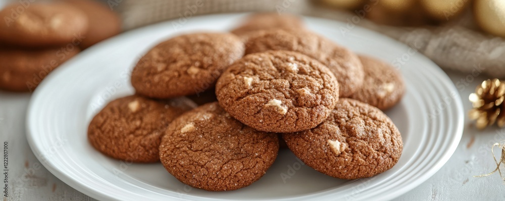 Plate of freshly baked chocolate chip cookies on white plate in cozy setting Plate of freshly baked chocolate chip cookies on white plate in cozy setting