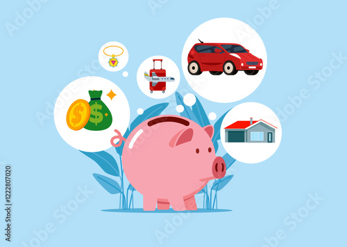 Money in piggy bank, our dreams on the background. House, car, travel, decorations, budget, finance, money savings. Vector illustration flat design.