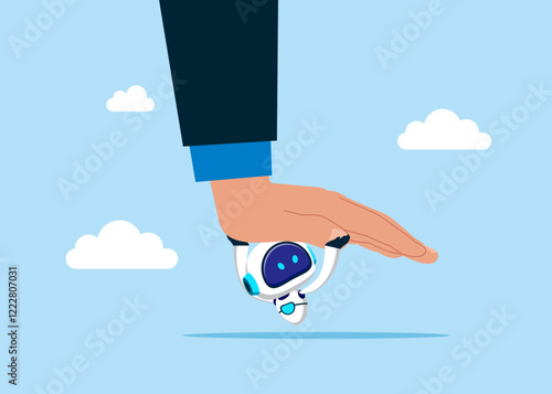 Survive recession. Robot resist huge boss hand push her down. Power. Flat vector illustration