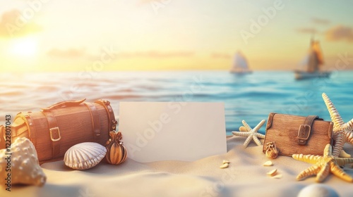 A serene beach scene with treasure chests, seashells, and a blank sign for messages.