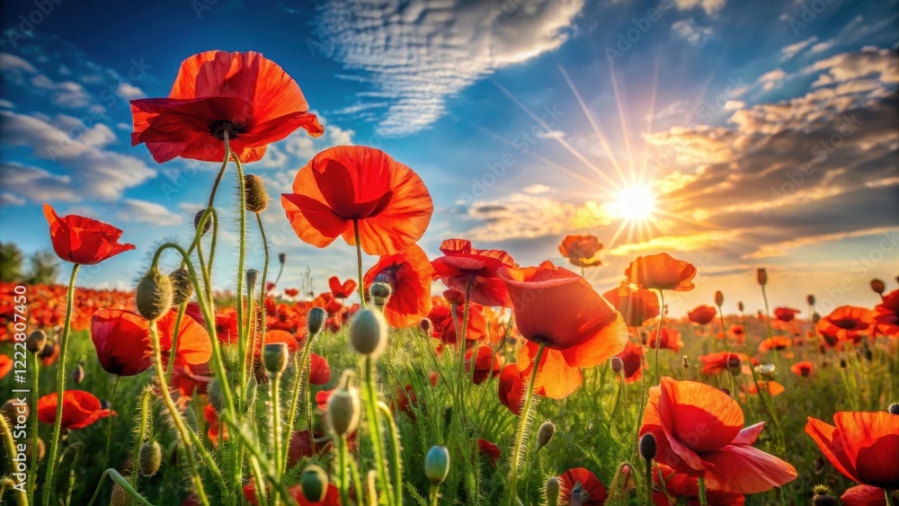 Obraz premium A vast expanse of vibrant red poppies swaying gently in the warm sunlight, with the bright sun shining down upon them , floral