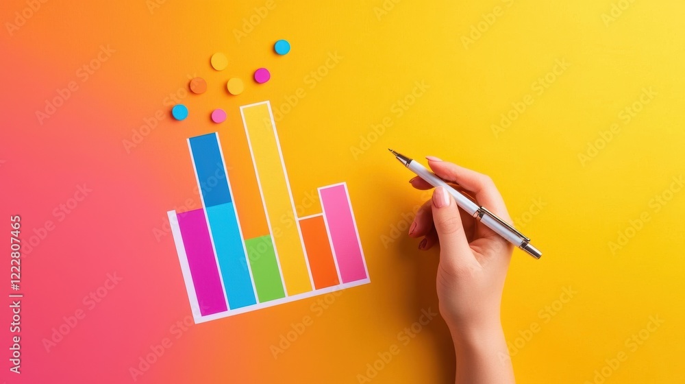 A colorful bar graph is depicted with a hand holding a pen, set against a vibrant gradient background of orange and pink. A colorful bar graph is depicted with a hand holding a pen, set against a vibrant gradient background of orange and pink.