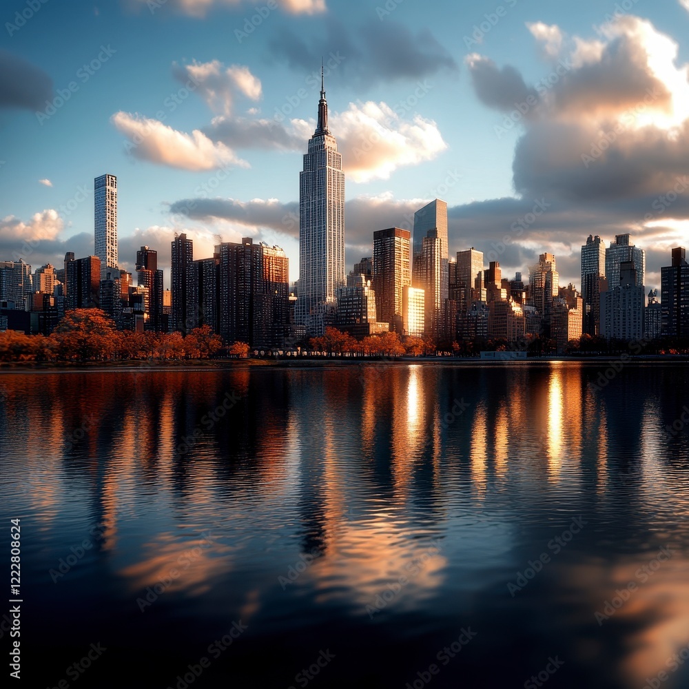 Fototapeta premium City skyline reflection on water, vibrant colors and selective focus create a stunning urban vista, capturing the essence of city life.