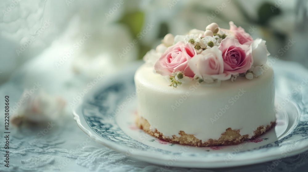 A beautifully decorated cake topped with pink roses, set on a delicate plate.