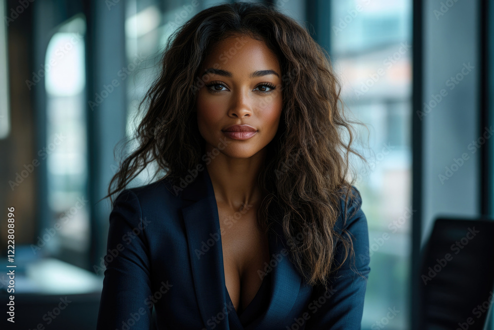 Confident businesswoman with long, wavy hair in a dark blue blazer, posing against a blurred office background. Confident businesswoman with long, wavy hair in a dark blue blazer, posing against a blurred office background.