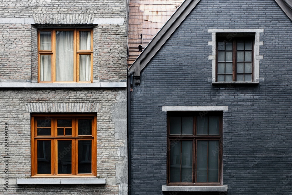 Naklejka premium Unique architectural contrast between two neighboring buildings showcasing distinct brickwork and window designs in an urban setting