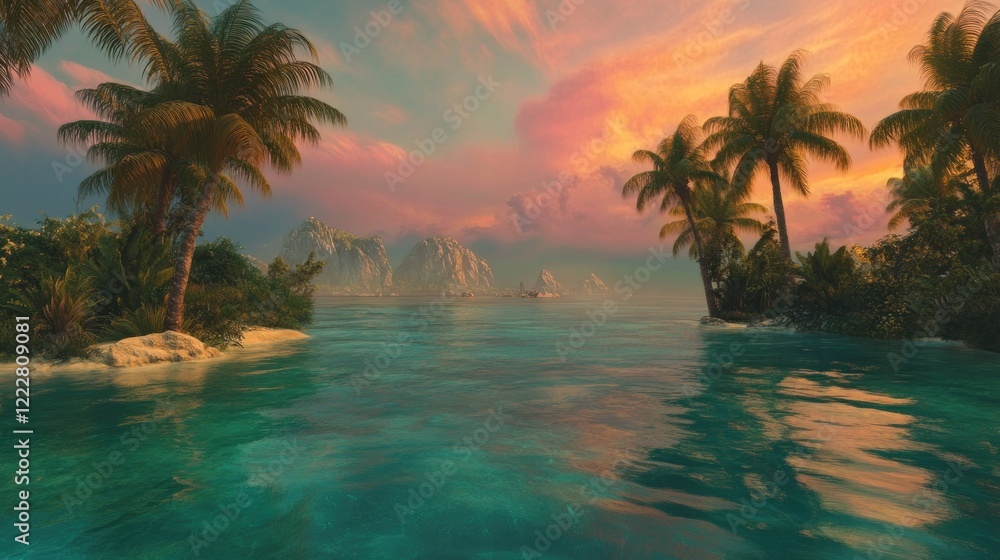 Tranquil Tropical Paradise Sunset Scene Over Calm Ocean Tranquil Tropical Paradise Sunset Scene Over Calm Ocean