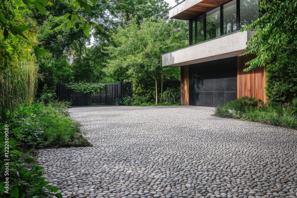 Fototapeta premium This modern home boasts a stunning pebble driveway that is beautifully framed by vibrant, lush greenery, creating a tranquil outdoor oasis