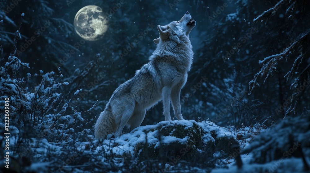 Obraz premium Lone Wolf Howling Under Winter Moon Night
