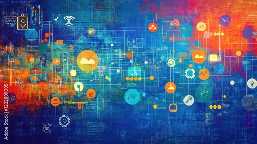 Abstract digital background with colorful data and technology icons.