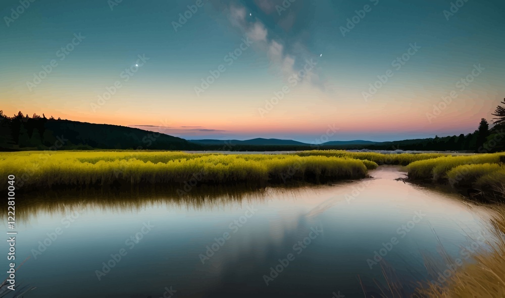 Fototapeta premium Beautiful and Peaceful Nature Scenery Illustration Landscape Countryside Tranquil Vibrant and Colorful