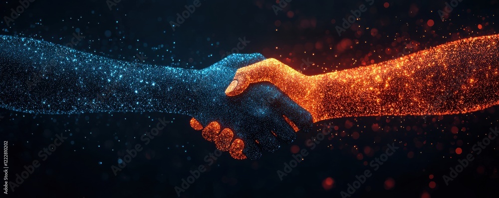 Naklejka premium Two hands, one blue and one orange, shake in a dark setting filled with glowing particles, symbolizing connection and unity.