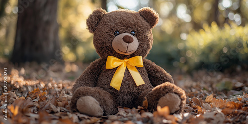 Charming teddy bear sitting on autumn leaves outdoor park photography nature setting close-up view warmth and nostalgia