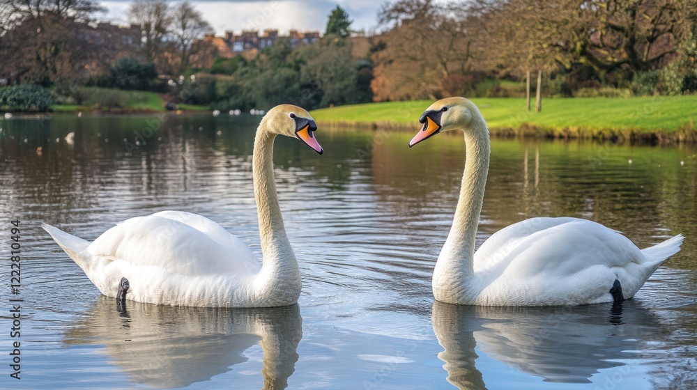 Obraz premium Two Elegant Swans Gracefully Swim on Calm Water