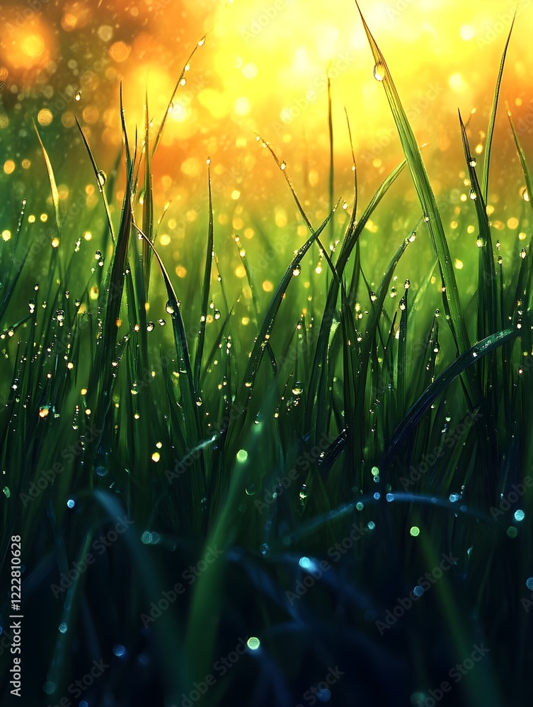 Fototapeta premium A background of fresh green grass covered in morning dew.