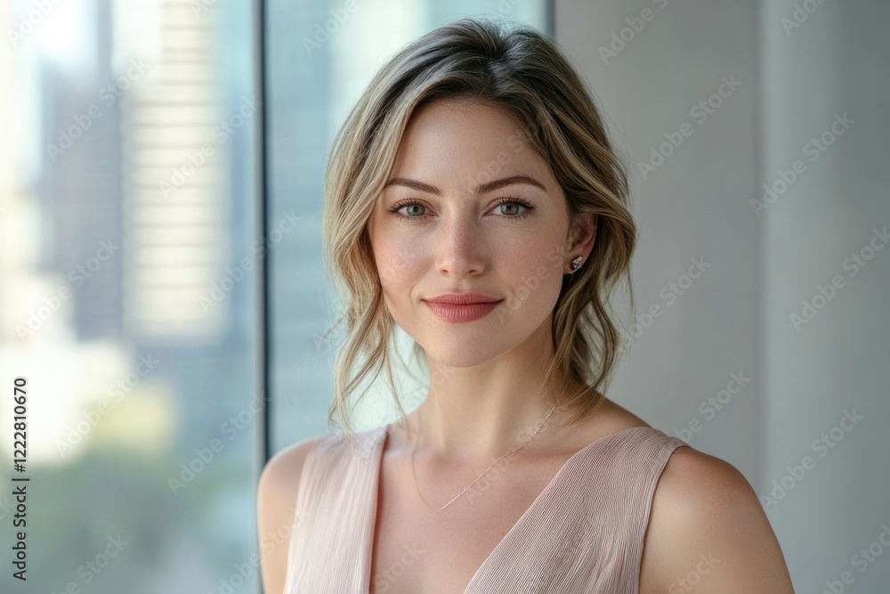 A beautiful woman with blonde hair and subtle makeup, wearing a delicate necklace and earrings, smiles softly. A beautiful woman with blonde hair and subtle makeup, wearing a delicate necklace and earrings, smiles softly.