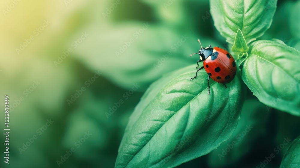 Naklejka premium Vibrant Ladybug on Lush Green Basil Leaves in a Sunny Garden