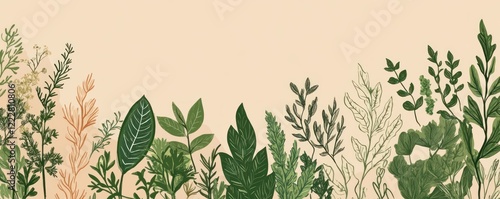 A decorative arrangement of various green leaves and plants against a soft beige background.