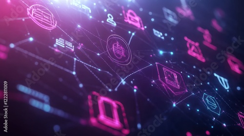 Abstract digital network with icons representing technology and connectivity.