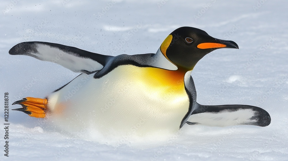 Fototapeta premium King Penguin Sliding Across Snowy Terrain