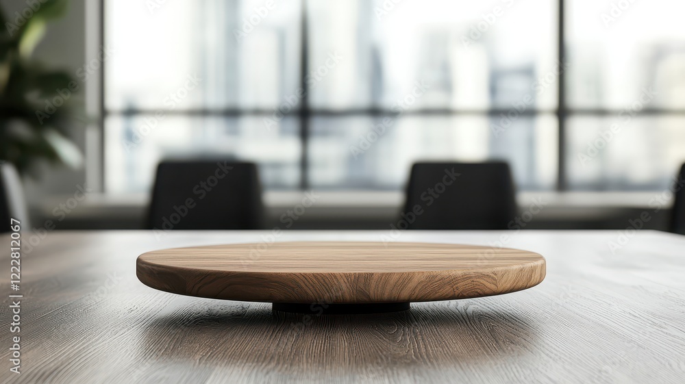 Elegant Wooden Round Display Platform on Modern Table City View Background Elegant Wooden Round Display Platform on Modern Table City View Background