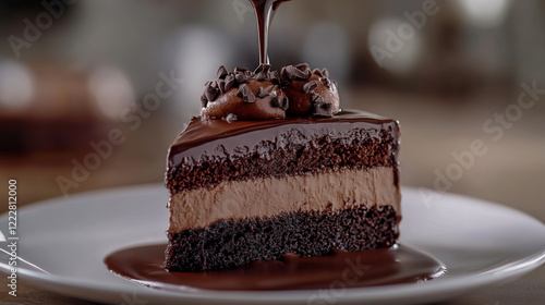 A close-up of a delicious slice of rich chocolate cake topped with a decadent chocolate brownie and creamy layers photo