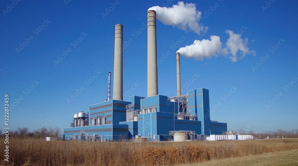 Modern Blue Power Plant With Tall Smoke Stacks Modern Blue Power Plant With Tall Smoke Stacks
