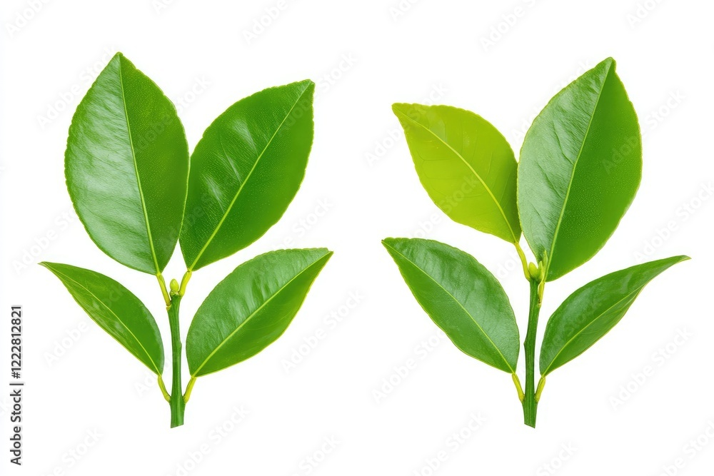 Two vibrant green leaves showcasing natural beauty, arranged symmetrically on a white background Two vibrant green leaves showcasing natural beauty, arranged symmetrically on a white background