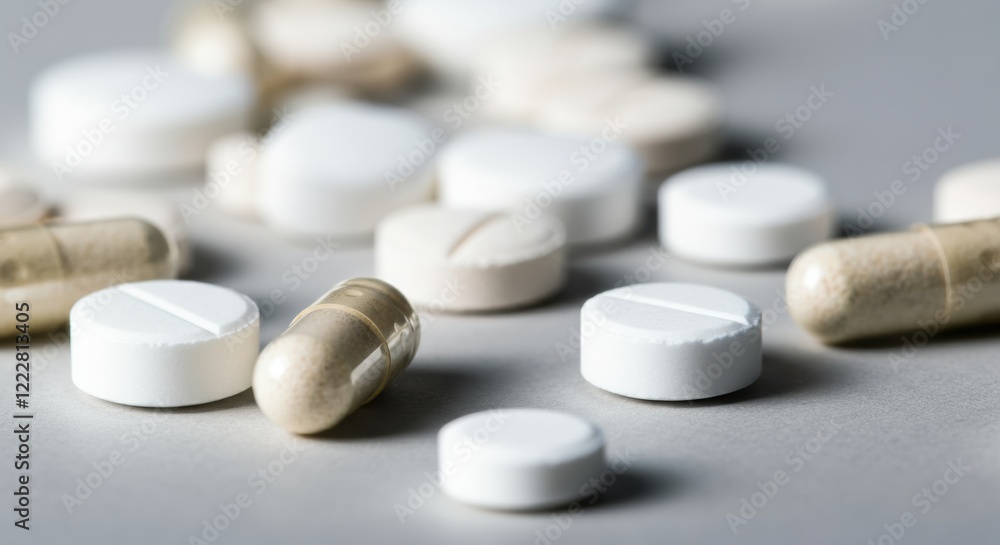 Assorted white pills and capsules scattered on a gray surface Assorted white pills and capsules scattered on a gray surface