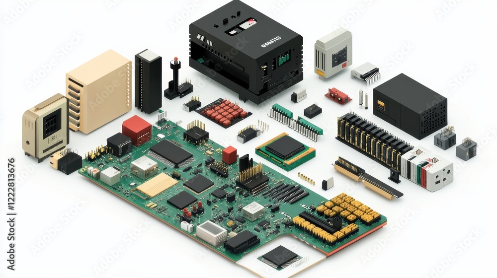 Colorful arrangement of computer components showcasing technology and innovation in a clean layout Colorful arrangement of computer components showcasing technology and innovation in a clean layout