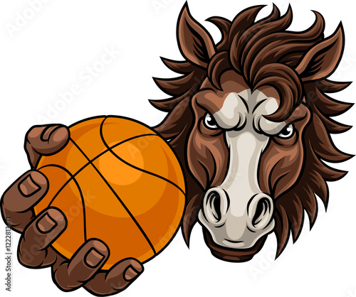 Horse mustang bronco stallion basketball angry sports team mascot holding a ball.