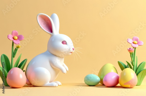 Easter bunny and easter eggs, 3D render