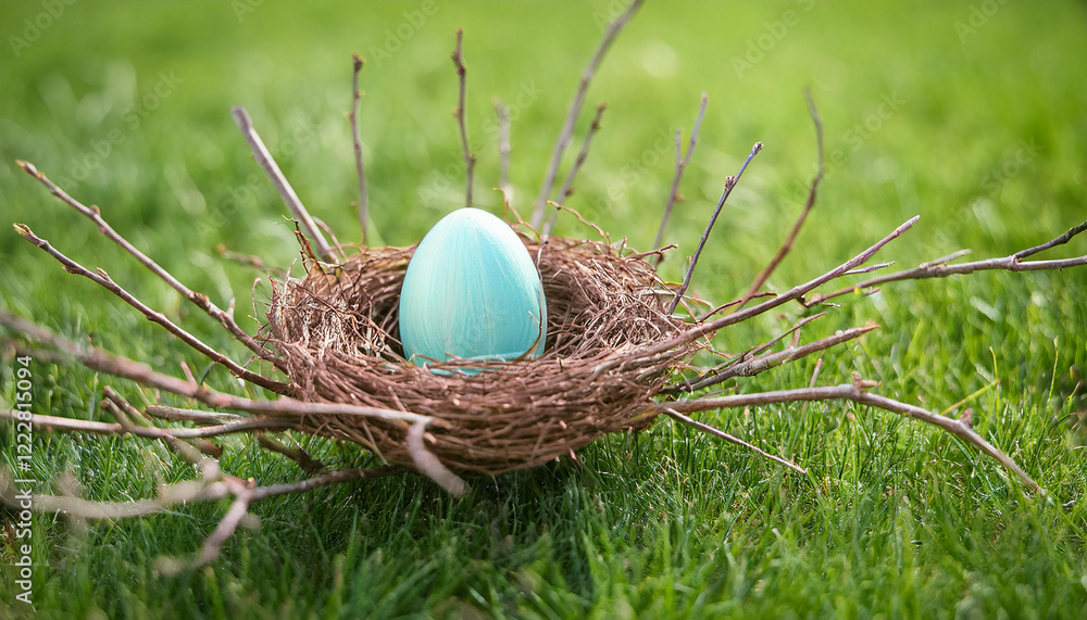 Obraz premium Painted Easter egg in small nest on green grass lawn. Happy holiday. Festive composition.
