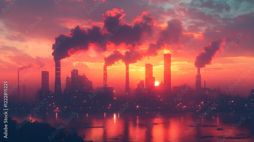 A background of glowing factory smokestacks silhouetted against a twilight sky. A background of glowing factory smokestacks silhouetted against a twilight sky.