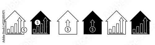 Collection of house investment growth line icons, growing house price icons