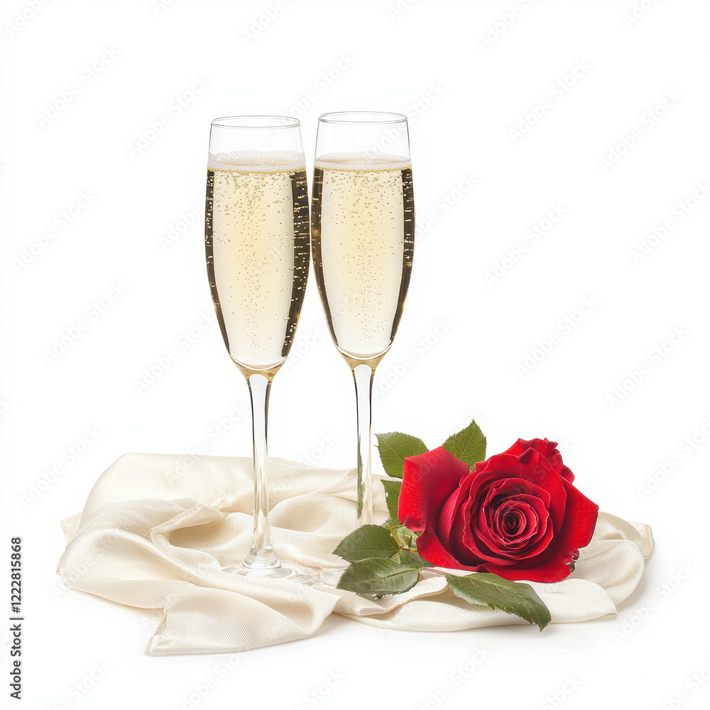 Romantic Celebration with Champagne Glasses and Red Rose on Elegant White Silk Romantic Celebration with Champagne Glasses and Red Rose on Elegant White Silk