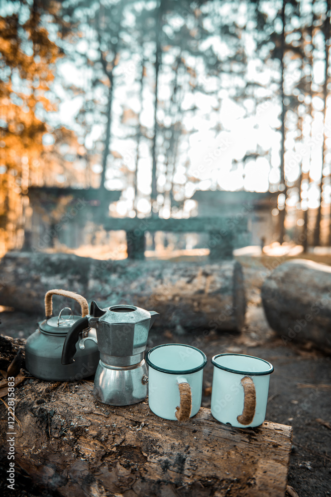 Cozy forest camp with a kettle, moka pot, and two enamel mugs on a log. Surrounded by sunlight, trees, and smoke from the fire, it radiates warmth and rustic simplicity. Cozy forest camp with a kettle, moka pot, and two enamel mugs on a log. Surrounded by sunlight, trees, and smoke from the fire, it radiates warmth and rustic simplicity.