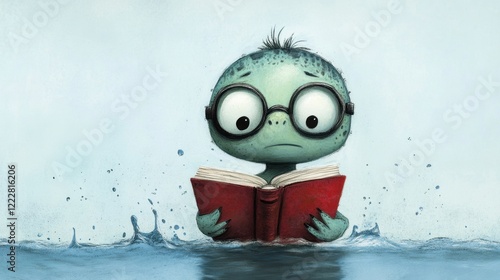 Cute alien reading book surrounded water photo