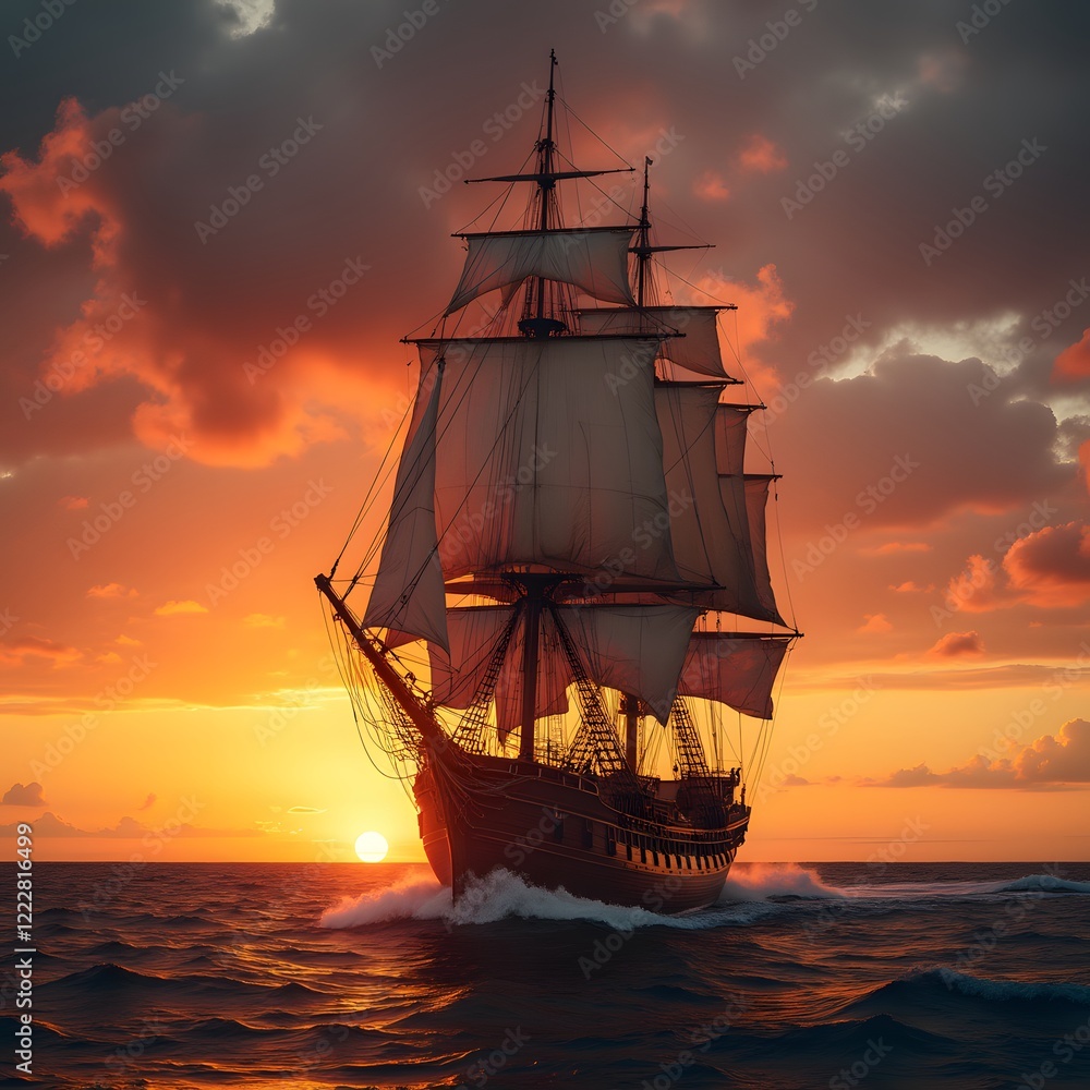 Obraz premium a historic tall ship with full sails billowing captured against a fiery sunset
