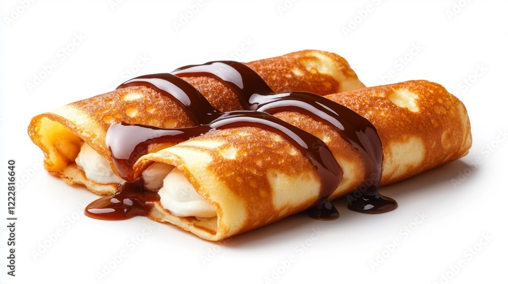 Crêpes with Cream and Chocolate Syrup on White Background. Generative AI Crêpes with Cream and Chocolate Syrup on White Background. Generative AI