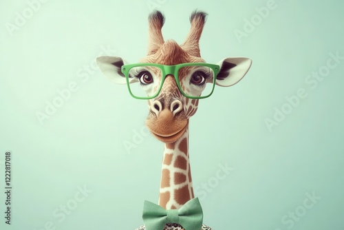 Giraffe wearing glasses bow tie with green attire in cute animal portrait photo