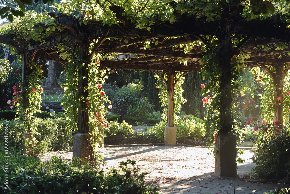 Serene garden pergola surrounded by vibrant flowers and lush greenery in a tranquil park setting Serene garden pergola surrounded by vibrant flowers and lush greenery in a tranquil park setting