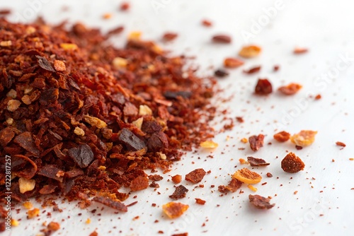 Crushed red chili pepper flakes texture on white background used as a spicy ingredient in various dishes culinary flavor enhancer photo