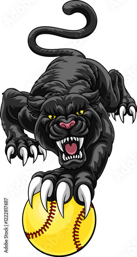 Black panther leopard holding a softball baseball ball with sharp claw sports team mascot design. photo