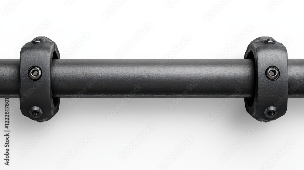 Close-up view of a black metal pipe secured with clamps on a white background, showcasing industrial design Close-up view of a black metal pipe secured with clamps on a white background, showcasing industrial design