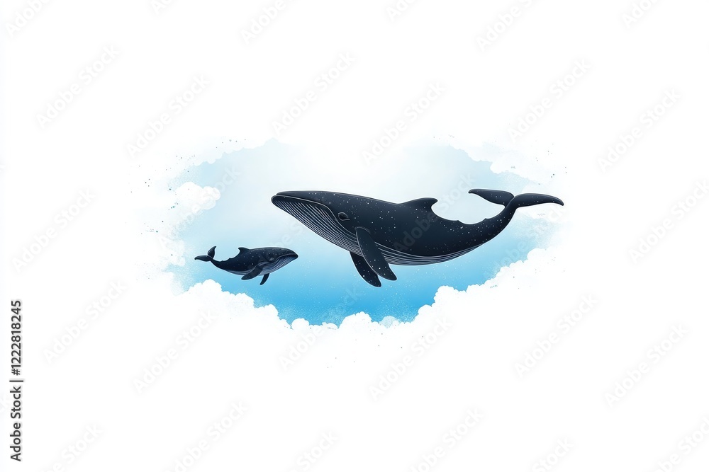 Fototapeta premium Two majestic whales swimming gracefully in the ocean under a bright blue sky with soft clouds