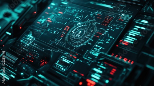 Futuristic digital interface with glowing elements and data displays.